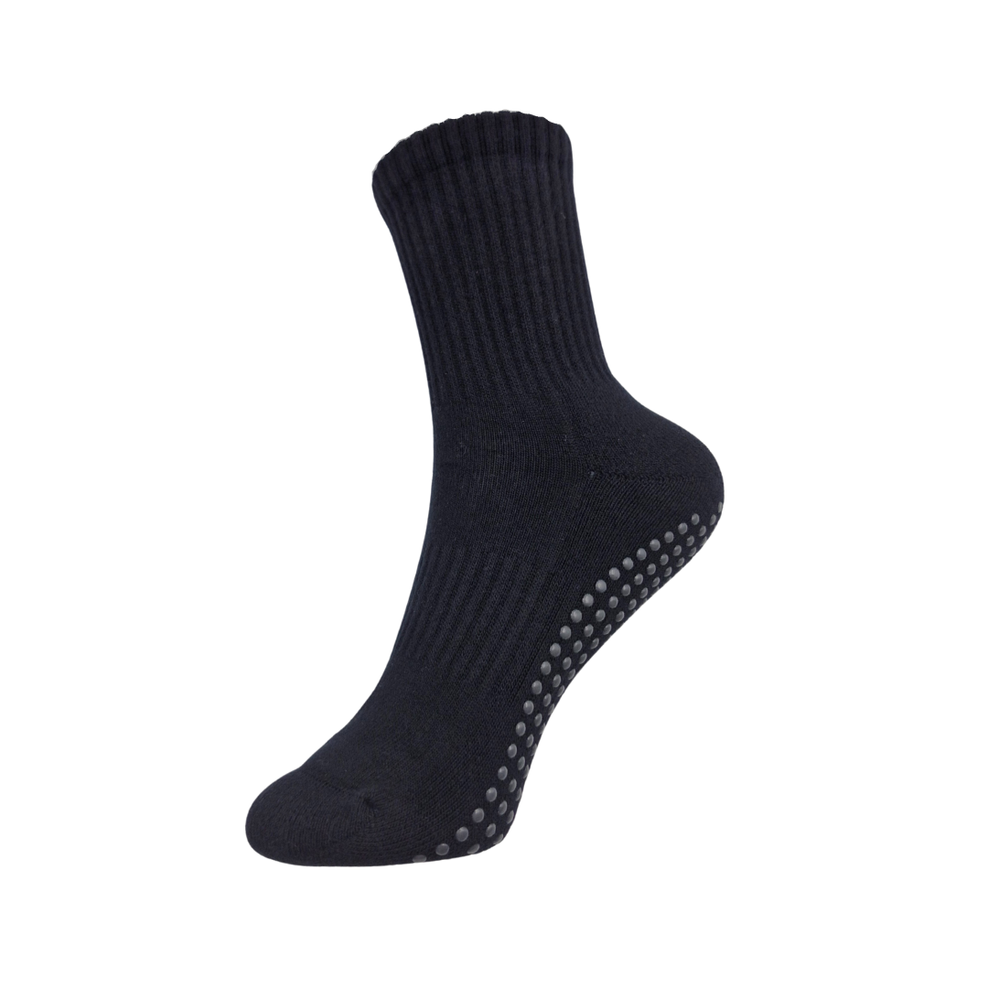 Black Pilates crew sock with grip dots and ribbed arch support