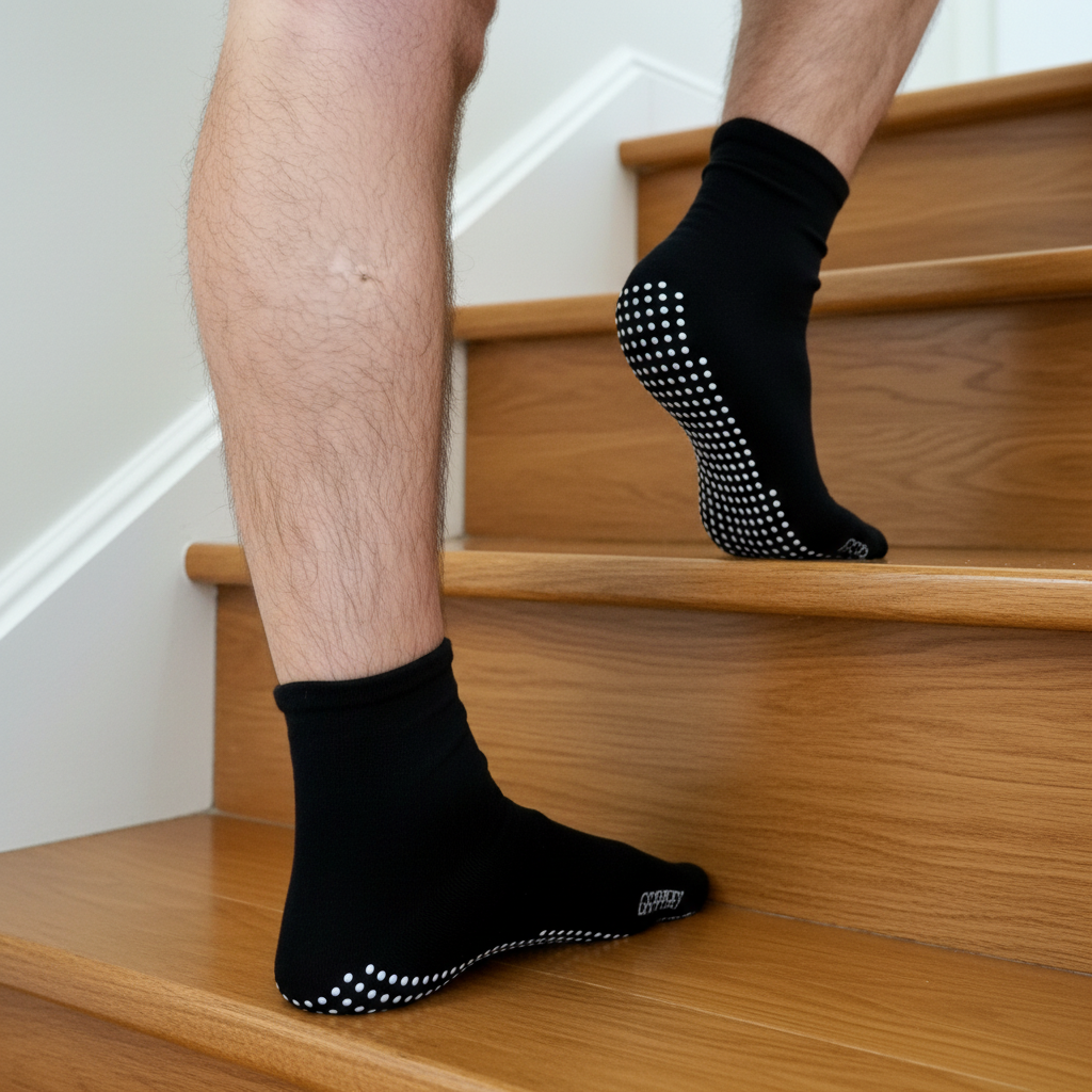 Person wearing black Maxi stretch socks with white grip dots climbing wooden stairs.