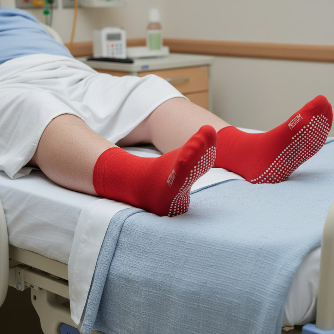 Person wearing red socks with white grip dots for falls prevention in a hospital bed